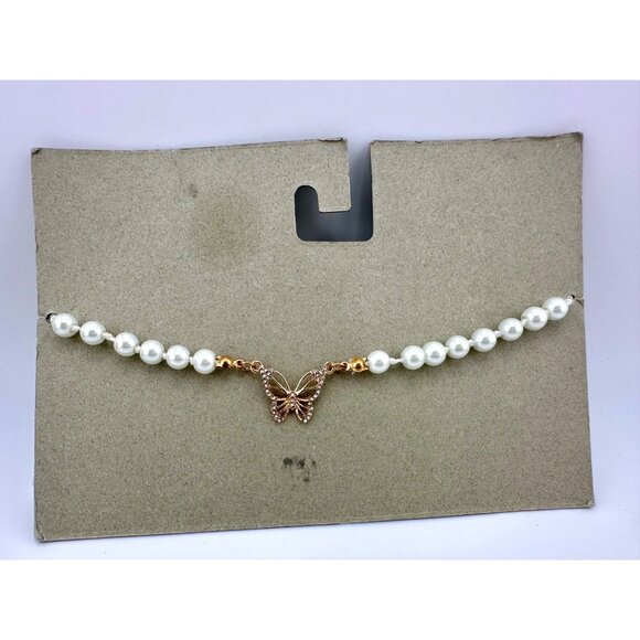 Pearl Beaded Necklace Butterfly Accent Adjustable Chain By Urban Outfitters 8$